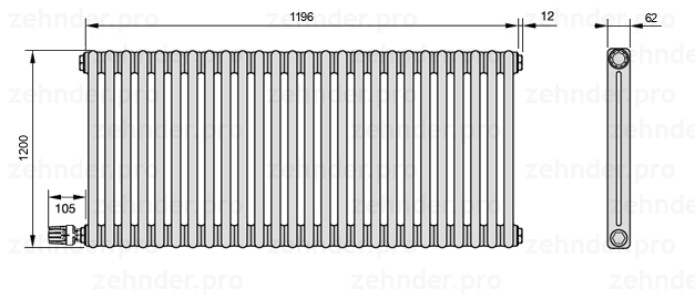 Схема (чертеж) Радиатор Zehnder Charleston 2120/26 №V003 Белый глянцевый RAL 9016